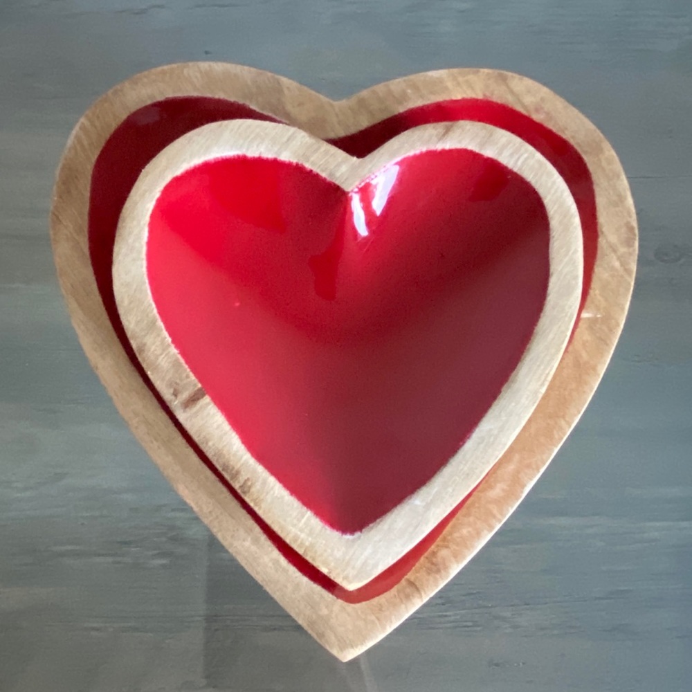 2 Piece Set of Red Wooden Heart Catchall Bowls
